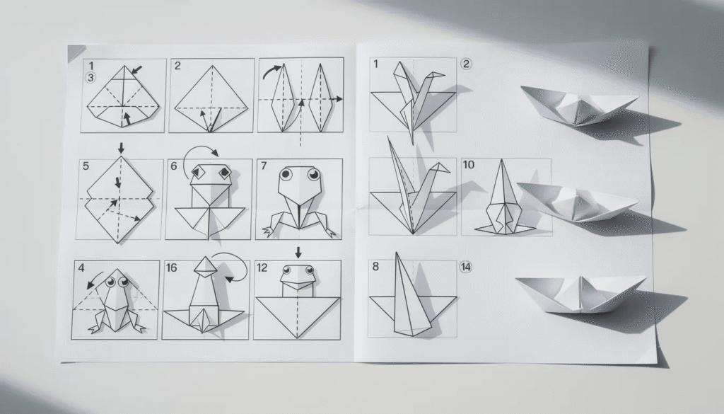 Image The image features detailed origami diagrams illustrating various paper folding techniques including models like origami cranes and animals These diagrams serve as a creative guide for beginners and enthusiasts alike celebrating the art and culture of origami while conveying symbols of hope and good fortune