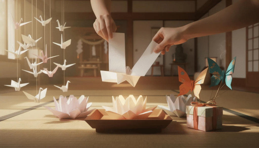 Image The image depicts various origami symbols including cranes butterflies and lotus flowers each representing cultural and spiritual meanings in Japanese culture These folded paper figures convey messages of peace good fortune and transformation showcasing the emotional depth and artistry of origami