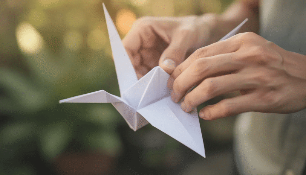 Image The image depicts hands carefully folding a white paper crane a symbol of peace and good fortune against a soft natural background This scene reflects the art of basic origami showcasing the delicate process of paper folding that is deeply rooted in Japanese culture