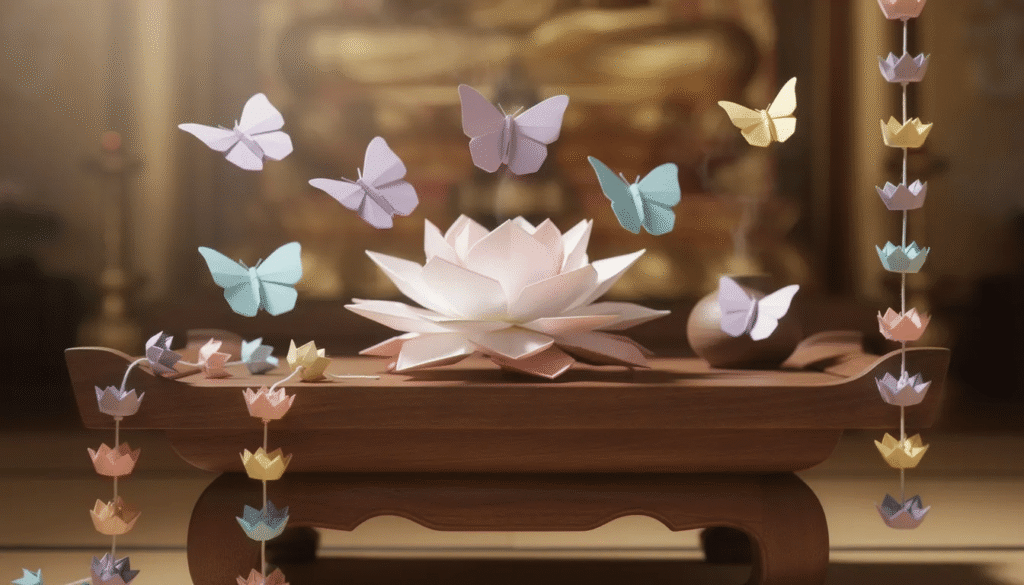 Image The image features beautifully folded origami symbols including a delicate paper lotus and vibrant butterflies representing themes of purity transformation and spiritual growth These intricate models highlight the deep connections between origami culture and nature embodying messages of hope and change