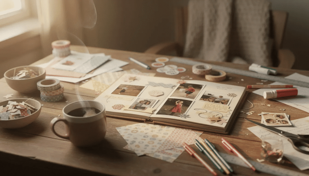 A cozy crafting workspace features a warm cup of coffee beside scattered papers including a partially completed scrapbook page adorned with layered textures and embellishments This inviting setup reflects personal style and creativity inviting the exploration of new trends in scrapbooking