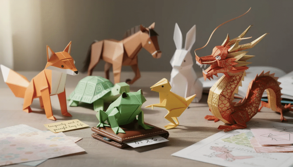 Image The image features a collection of intricately folded origami animals including a fox turtle frog and dragon each symbolizing various traits such as intelligence longevity and strength These paper creations representing aspects of Japanese culture showcase the art of folding origami and the meaningful connections these creatures carry in everyday life