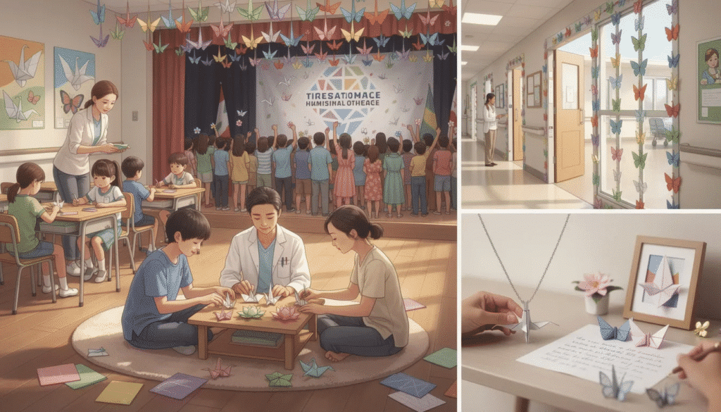 Image The image depicts various modern uses of origami symbols including origami cranes and butterflies integrated into daily life through therapy sessions educational settings and personal gifts These paper folding creations serve as symbols of hope and healing reflecting the deep connection between origami culture and contemporary emotional expression