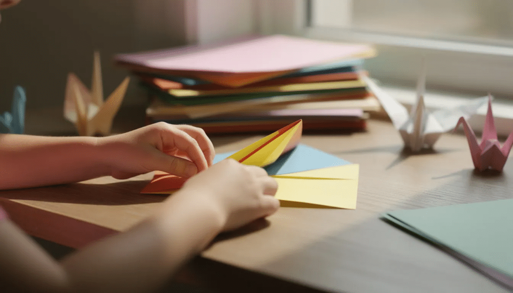 Image A child's hands are carefully folding a colorful piece of paper at a desk, engaging in the therapeutic process of origami. This art therapy activity not only fosters fine motor skills but also promotes emotional well-being and mindfulness, providing a calming experience for managing anxiety.