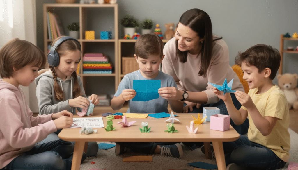 Image The image depicts a child engaged in an origami therapy session carefully folding a colorful piece of paper into a beautiful art figure This hands on activity not only fosters relaxation and focus but also enhances fine motor skills and self confidence through the therapeutic benefits of paper folding