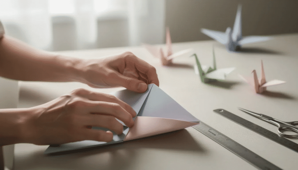Image The image depicts adult hands skillfully folding a single sheet of origami paper on a calm workspace highlighting the therapeutic benefits of this traditional Japanese art This practice fosters relaxation and mindfulness while also enhancing fine motor skills and emotional well being