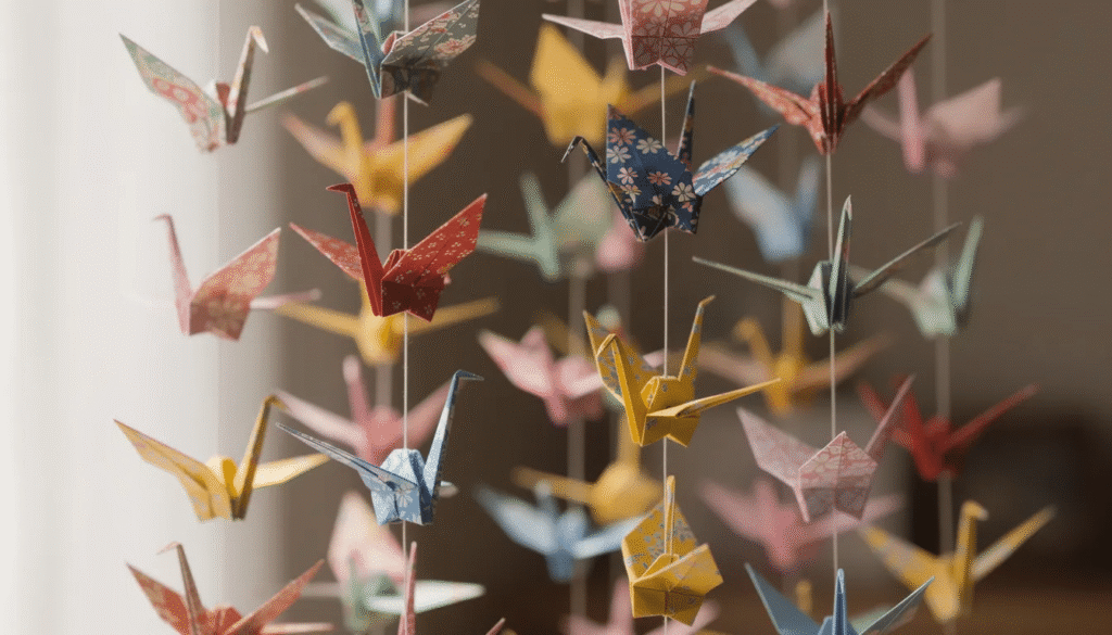 Image The image features a vibrant display of colorful paper cranes hanging delicately showcasing the beauty of traditional Japanese art and the therapeutic benefits of origami This decorative arrangement highlights the calming effects of paper folding fostering relaxation and mindfulness while also enhancing fine motor skills and emotional well being