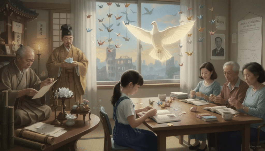 Image The image depicts a serene setting where individuals are engaged in an origami therapy session focusing on folding paper into intricate designs This therapeutic practice not only fosters relaxation and mindfulness but also enhances fine motor skills and emotional well being through the art of paper folding