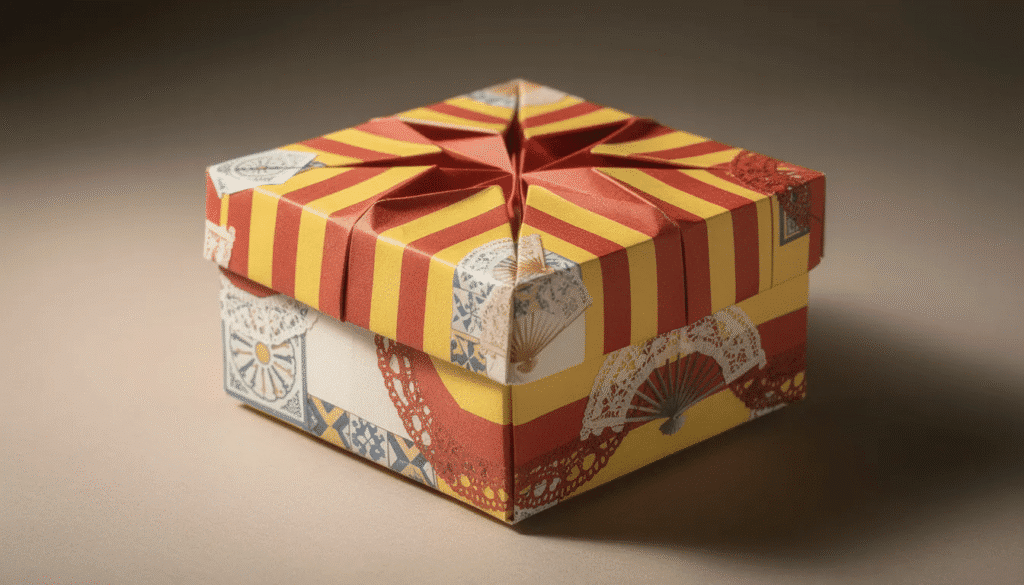 Image The image depicts a beautifully crafted origami Spanish box made from colorful origami paper showcasing intricate folds and a traditional design This fancy paper box often used for gifts or candy highlights the art of origami and the joy of creating simple yet elegant crafts