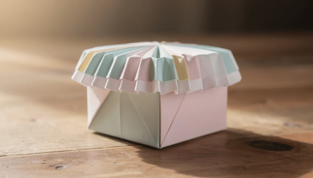 Image The image depicts a beautifully crafted origami Spanish box with a pleated decorative rim elegantly placed on a wooden table This traditional paper box showcases intricate folds and designs highlighting the art of origami