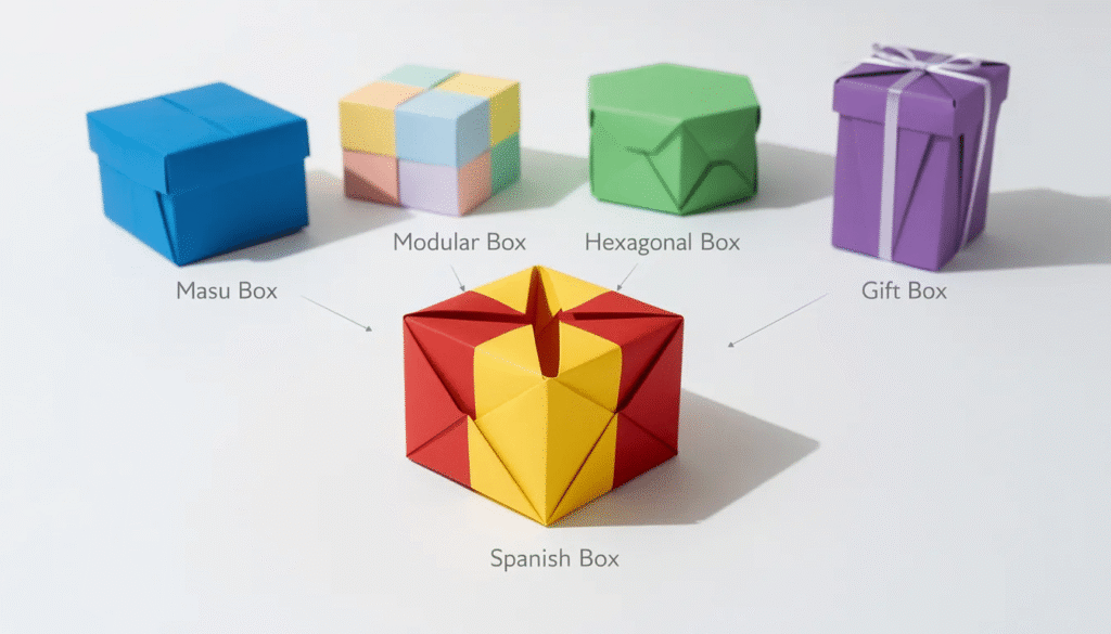 Image The image showcases a traditional Spanish box made from origami paper contrasted with other origami boxes The Spanish box features intricate folds and designs highlighting its unique craftsmanship compared to simpler origami boxes