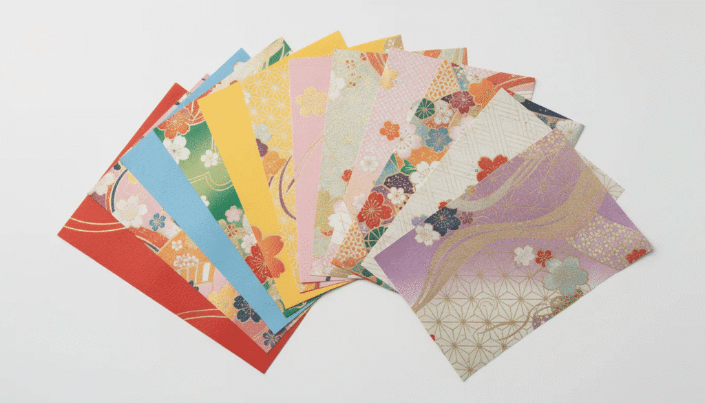 Image A vibrant display of square sheets of origami paper in various patterns and solid colors is arranged in a fan pattern showcasing the beauty of paper origami This colorful assortment highlights the creativity involved in making origami boxes including traditional Spanish designs