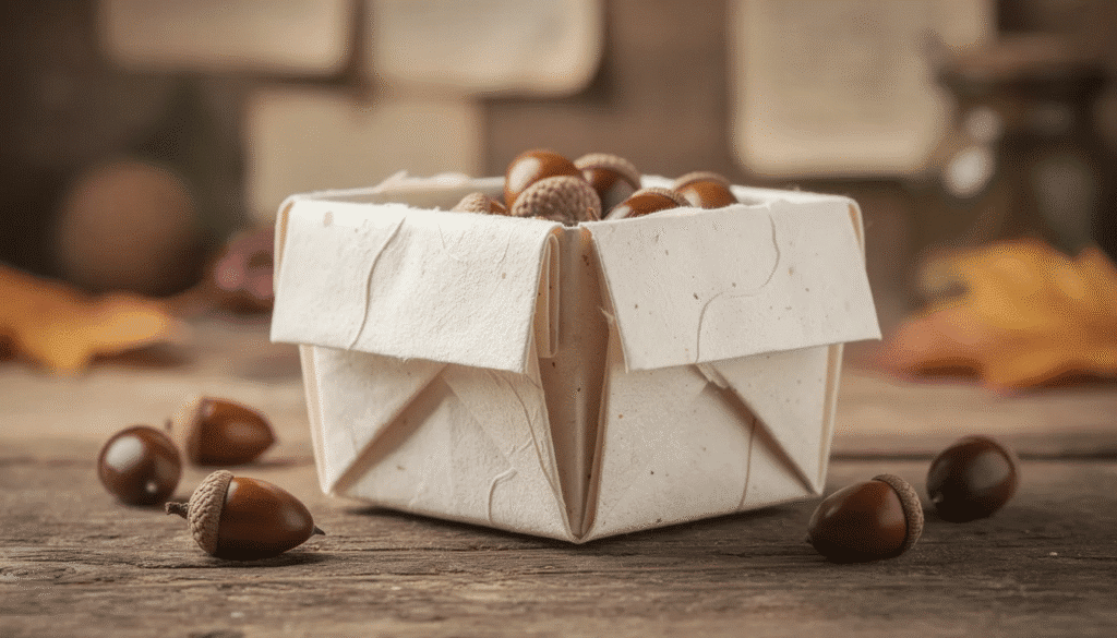 Image The image depicts a beautifully crafted wetfolded Spanish box made from textured origami paper showcasing smooth rounded pleats and an organic shape that contrasts with the traditional crisp edges of a typical origami box This fancy box is designed to be functional perfect for storing small items like acorns or seashells while highlighting the artistry of paper folding techniques