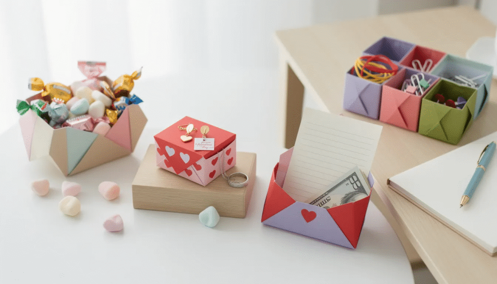 Image The image showcases a beautifully crafted origami Spanish box elegantly folded from colorful paper serving various functional purposes such as a candy dish for a birthday party or a small gift box for jewelry Its versatility as a decorative piece enhances any celebration making it a perfect example of creative uses for origami crafts