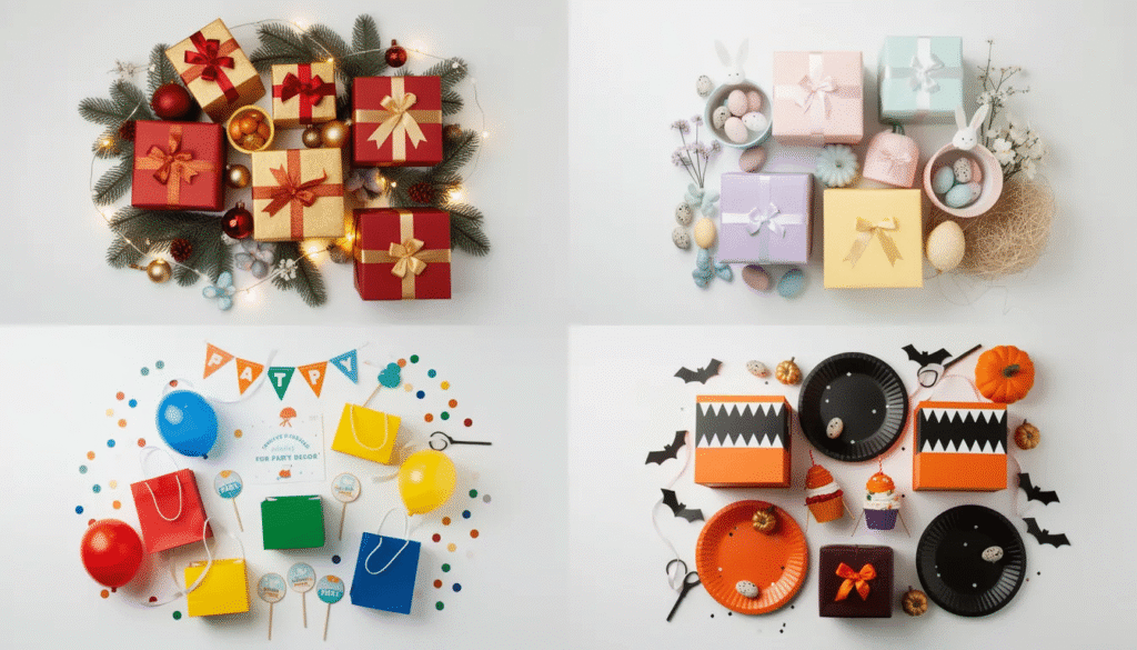 Image The image features a collection of colorful origami boxes designed for various seasonal celebrations red and gold boxes for Christmas pastel boxes for Easter bright primary colors for children's parties, and orange and black boxes for Halloween, with a unique pleated rim resembling monster teeth. Each box showcases the art of paper origami, making them perfect for festive occasions.