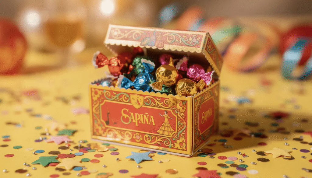 Image A colorful origami Spanish box filled with assorted wrapped candies sits on a festive party table scattered with confetti creating a cheerful atmosphere perfect for celebrations The vibrant colors of the candies contrast beautifully with the intricate design of the paper box