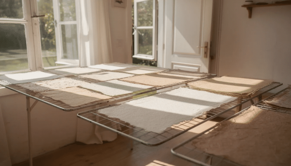 Image The image depicts several sheets of handmade paper laid out on wire mesh racks in a bright sunny room allowing for good natural airflow to help the wet sheets dry evenly The drying system ensures that the freshly formed sheets maintain a smooth surface while air circulates around them promoting efficient drying