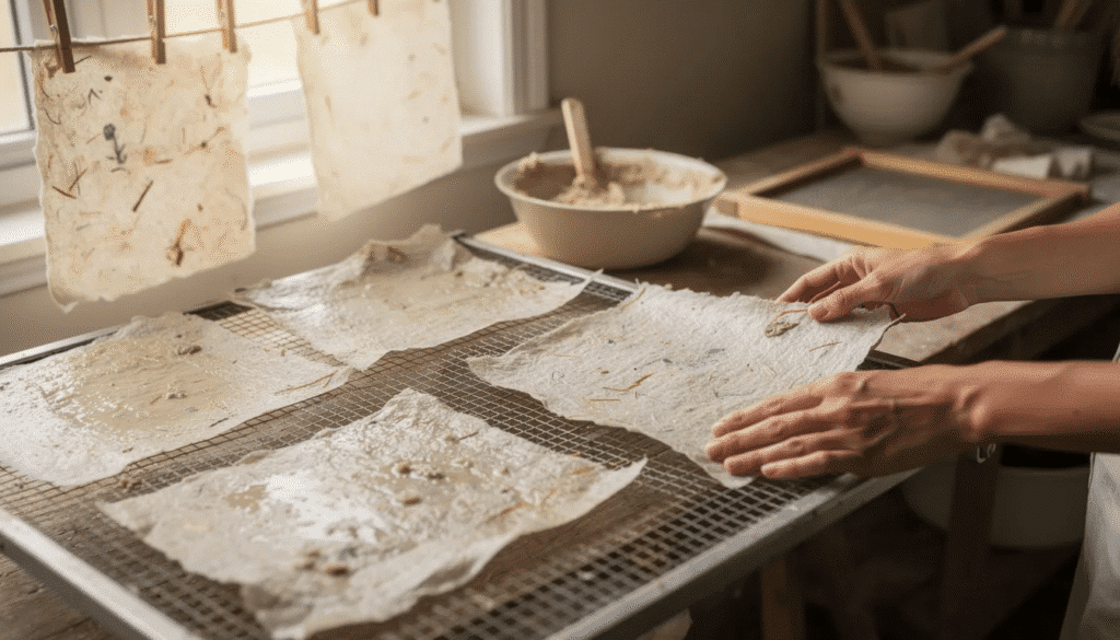 Image The image depicts a drying box filled with freshly formed sheets of handmade paper arranged on a smooth surface to air dry evenly The wet paper sheets are gently misted to prevent curling while a fan circulates air to help them dry rapidly without sticking together
