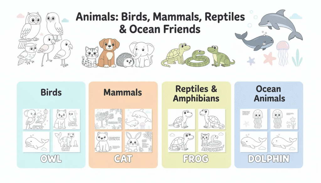 Image The image showcases a vibrant collection of animals including birds like owls and parrots mammals such as cats and elephants reptiles like turtles and snakes and ocean friends including dolphins and jellyfish This diverse array of free printable coloring pages invites kids and adults to unleash their creativity while enjoying the fun of coloring