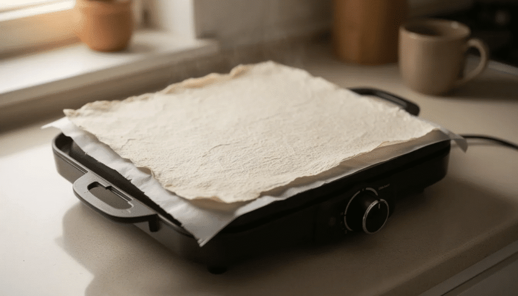 Image The image shows a small electric griddle in a home kitchen with a single sheet of pale handmade paper resting on parchment drying gently The setup illustrates a simple method for drying freshly formed sheets of wet paper allowing for air circulation to ensure the paper dries evenly on a smooth surface