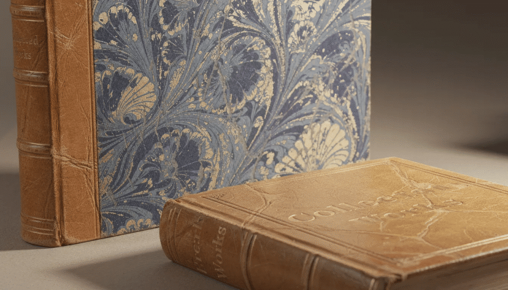 Image An open antique book displays exquisite marbled endpapers in a blue and gold French shell pattern complemented by a tan leather spine featuring gilt lettering on the cover This decorative marbling technique popular since the nineteenth century showcases the intricate art of bookbinding with its vibrant colors and detailed patterns