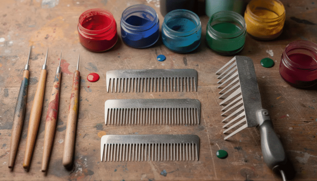 Image A close up photograph showcases an array of marbling tools on a workbench including wooden styluses metal combs with fine teeth and a rake with widely spaced prongs alongside small glass jars filled with several colors of pigments used for creating intricate patterns on marbled paper This detailed setup highlights the artistic process behind the production of beautifully decorated sheets often used in bookbinding and packaging