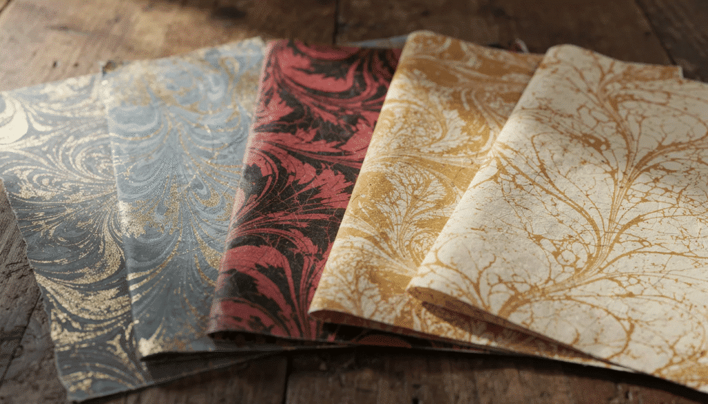 Image A collection of classic French marbled paper sheets is displayed on a wooden table showcasing a variety of colour combinations including swirling blue and gold striking red and black patterns and a cream sheet with ochre veining These beautifully printed papers highlight the intricate art of marbling a technique that has been used since the nineteenth century for book covers and endpapers