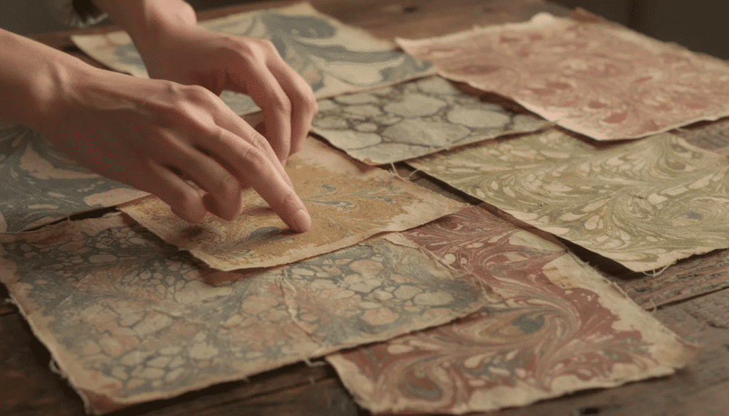 Image A close up view captures hands delicately examining various sheets of antique marbled paper showcasing a range of intricate patterns such as the feather pattern zebra pattern and Dutch pattern all spread across a rustic wooden table The vibrant colors and unique designs highlight the art of marbling with fine dots and gold veins adding to the visual appeal of these handcrafted papers