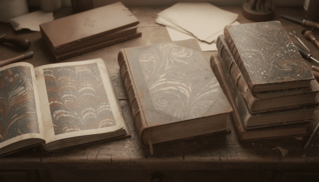 Image The image showcases a collection of antique marbled papers used in European bookbinding featuring various patterns such as the traditional Turkish pattern and the distinctive feather pattern These hand crafted sheets with their intricate designs and vibrant colors serve as decorative endpapers that enhance the aesthetic appeal of fine bindings while concealing structural elements of the books