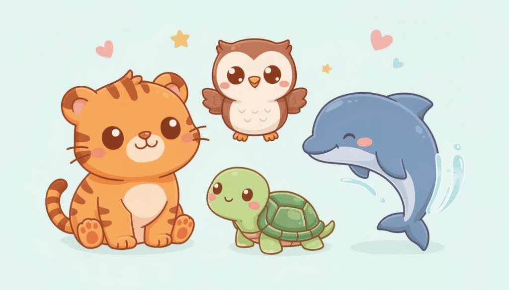 Image The image features a delightful collection of cute cartoon animals including a tiger owl dolphin and turtle all grouped together in a joyful scene This artwork is perfect for free printable coloring pages encouraging creativity and fun for kids and adults alike