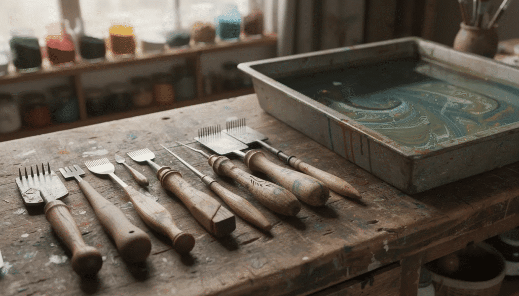 Image The image features traditional marbling combs and styluses neatly arranged on a workbench next to a shallow marbling trough showcasing tools essential for creating marbled papers The setup hints at the intricate process of applying thrown inks to achieve various patterns such as the antique straight pattern and feather pattern on the entire surface of the paper