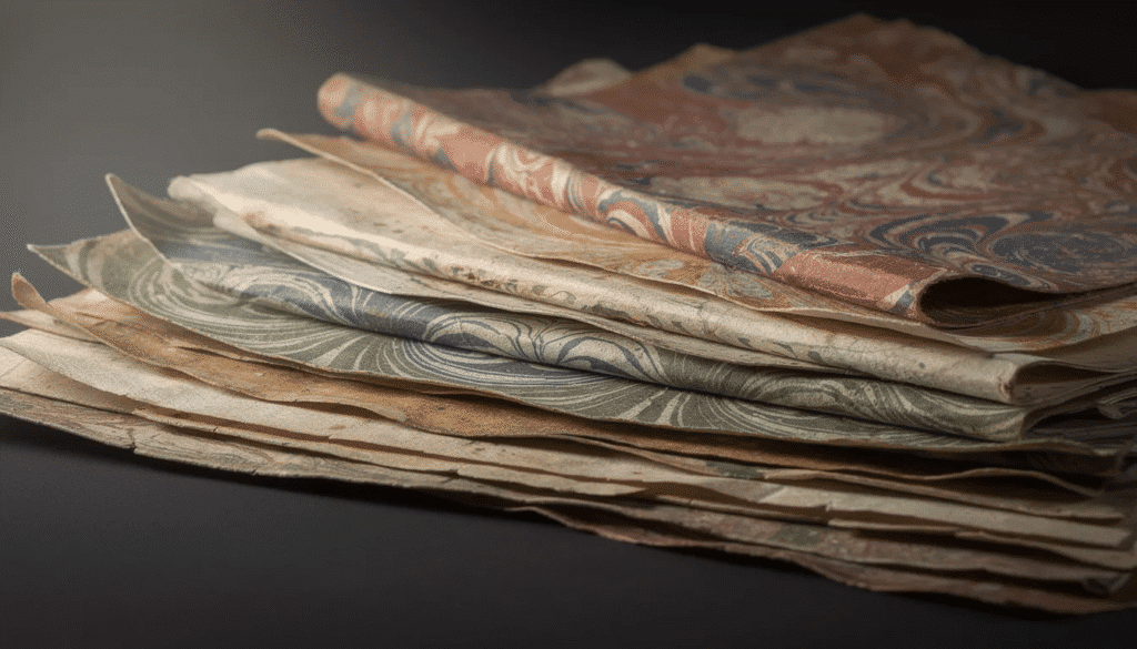 Image A fanned out stack of varied antique marbled papers showcases a rich array of regional styles and patterns including the intricate feather pattern and the bold zebra pattern all resting on a dark surface Each sheet features unique designs such as fine dots and gold veins highlighting the artistry of marbling techniques from different cultures