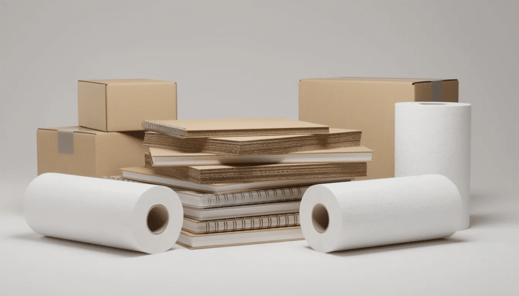 Image The image shows a variety of stacked paper products including notebooks cardboard boxes and rolls of tissue paper highlighting different forms of paper made from cellulose fibers and wood pulp These items represent the diverse output of the paper industry showcasing recycled paper products and materials used in the papermaking process