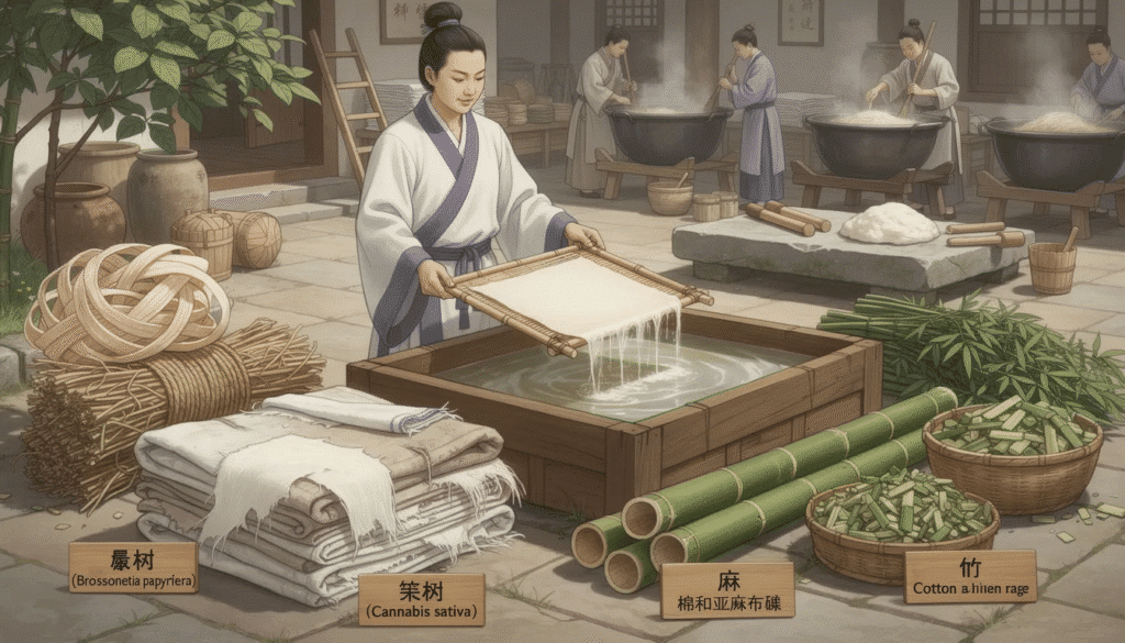 Image The image depicts various plants used in early Chinese papermaking including the paper mulberry tree hemp cotton rags and bamboo These materials rich in cellulose fibers were essential in the papermaking process producing the first sheets of paper in China around CE