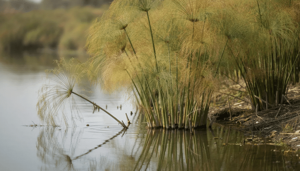 Image The image depicts tall green papyrus reeds known as Cyperus papyrus growing beside calm water their feathery tops swaying gently in the breeze This plant is a key raw material in the papermaking process historically used to create thin sheets of paper contributing to the paper industry