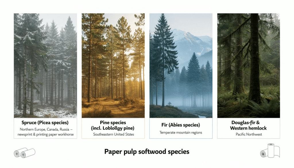 Image The image depicts various tree species commonly used in the paper industry for producing wood pulp including spruce pine fir and Douglas fir which are essential for making different types of paper such as newsprint and printing paper These trees provide the cellulose fibers necessary for the papermaking process showcasing the raw materials that contribute to the final product