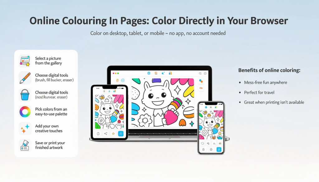Image The image illustrates a user friendly online coloring interface showcasing a vibrant gallery of coloring pages that can be chosen for digital coloring Various tools like brushes and a color palette are displayed highlighting the ease of creating unique artwork directly in your browser perfect for both kids and adults