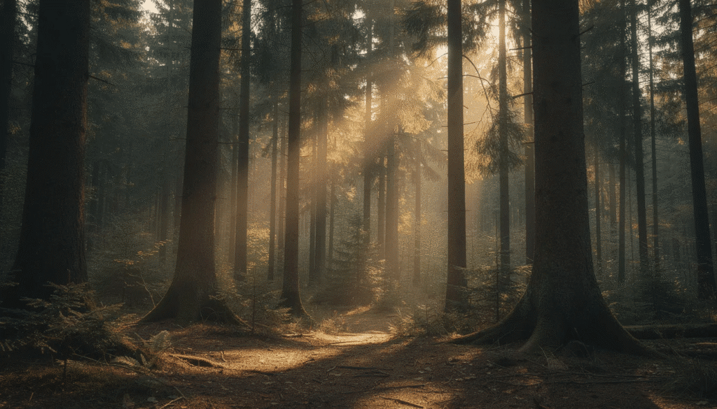 Image The image depicts a dense forest filled with tall conifer trees with sunlight gently filtering through the branches creating a serene atmosphere This natural setting highlights the importance of trees which are a key raw material in the paper industry for producing various forms of paper products including recycled paper and printing paper