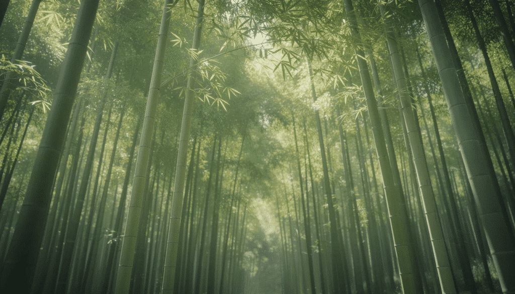 Image The image shows tall green bamboo stalks standing closely together in a dense grove with lush leaves visible at the top Bamboo is a versatile plant that can be used as a raw material in the paper industry contributing to the production of recycled paper products and various types of paper sheets