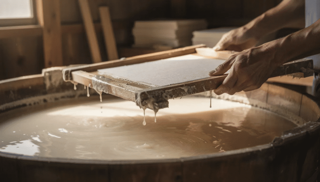 Image The image shows a traditional paper artisan's hands skillfully working at a wooden papermaking vat, surrounded by natural materials used to create delicate Japanese washi paper. The artisan is engaged in the meticulous process of making paper, highlighting the unique texture and quality of this long-lasting traditional Japanese craft.