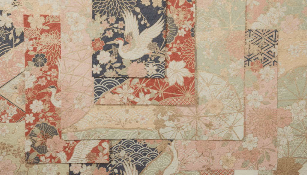 Image The image features an assortment of colorful traditional Japanese patterned papers showcasing intricate floral and geometric designs typical of Japanese washi paper These vibrant sheets made from natural materials like kozo and mitsumata fibers highlight the unique textures and craftsmanship of traditional Japanese papermaking