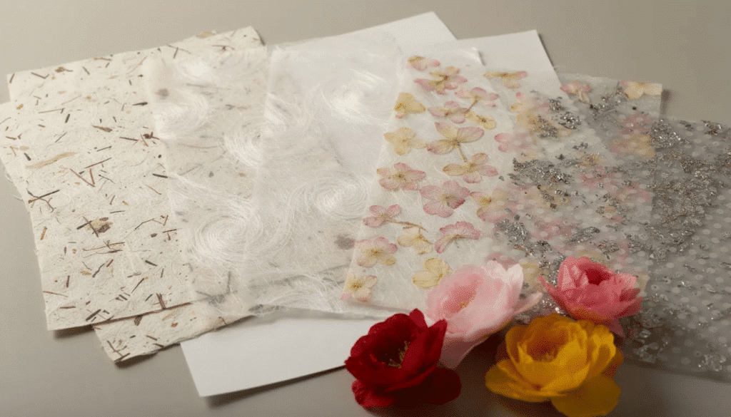 Image The image showcases various textured Japanese washi papers including Chiri and Unryu characterized by their unique fibers and natural materials Chiri paper features speckled brown kozo bark against a lighter background while Unryu paper displays long swirling fibers that create dynamic cloud like patterns perfect for artistic projects like collage and lampshades