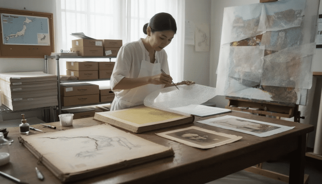 Image The image showcases a collection of tengujo and ultra thin conservation papers highlighting their delicate yet strong nature made from long kozo fibers These traditional Japanese washi papers are utilized by conservation professionals for restoring fragile artworks and documents demonstrating their exceptional quality and transparency for nearly invisible repairs