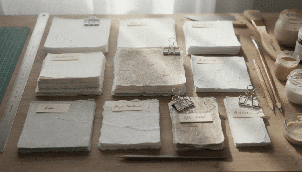 Image The image depicts an artist's workspace filled with an assortment of various weights and types of traditional Japanese washi paper samples, showcasing their unique textures and colors. The scene highlights the artistry involved in washi making, with natural materials like kozo and mitsumata fibers prominently featured among the tools and supplies.