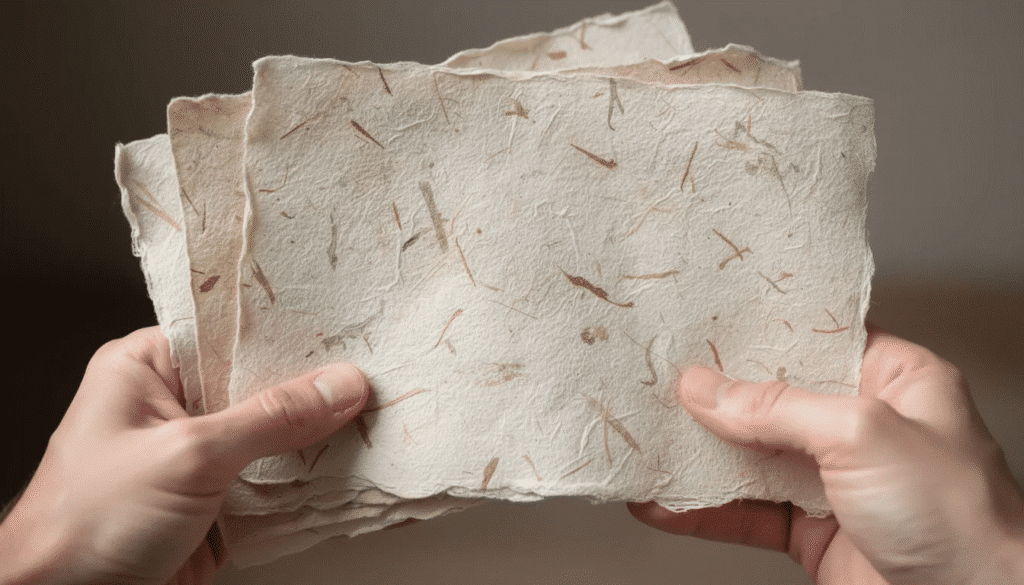 Image The image shows a pair of hands gently holding sheets of traditional handmade paper showcasing a rich texture of visible fibers This paper often used in various art forms such as origami and Chinese paper folding reflects the intricate craftsmanship and cultural history associated with traditional art