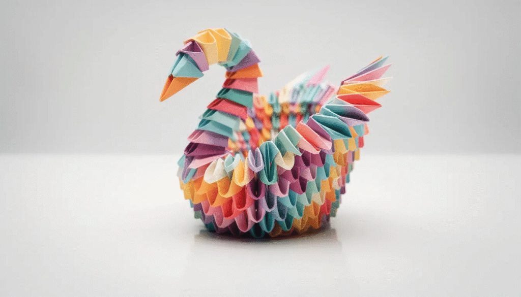 Image The image features a vibrant three dimensional paper swan intricately crafted from hundreds of small folded triangular units showcasing the beauty of traditional art forms like Chinese paper folding and Japanese origami This colorful model stands as a testament to the skill and creativity involved in paper folding representing both an artistic and cultural heritage