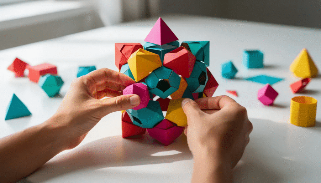 Image The image shows hands carefully assembling a vibrant modular paper sculpture made of geometric shapes showcasing the intricate art of paper folding This colorful creation reflects the traditional art forms of origami highlighting the beauty and skill involved in crafting folded paper models