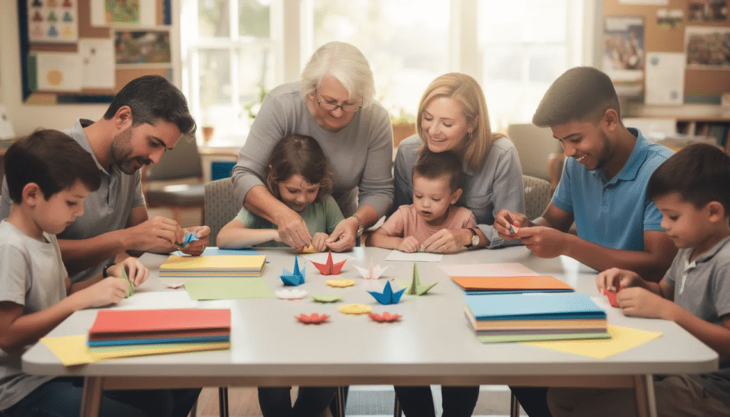 A diverse group of adults and children are gathered around a table at a community center joyfully folding colorful paper into various origami creations The scene captures the essence of creativity and collaboration as participants learn origami techniques and enjoy a fun interactive session together