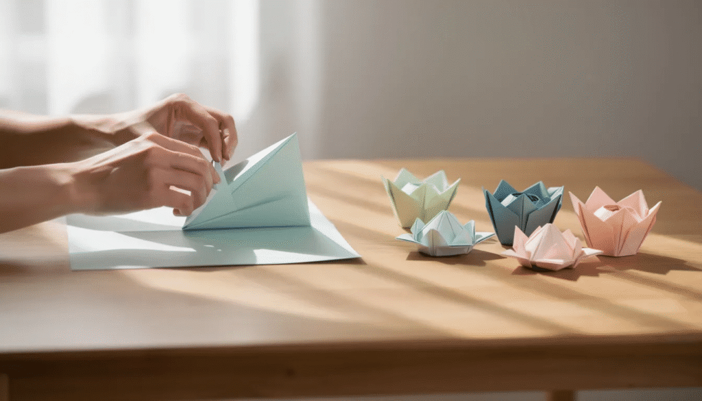 In a calm setting with soft lighting a person is seen folding paper on a simple table surrounded by completed origami flowers showcasing the art of paper folding and creativity This serene atmosphere highlights the joy and focus involved in creating origami designs perfect for beginners and students alike