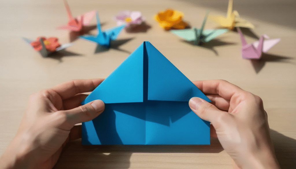A pair of hands is carefully demonstrating a precise fold on a piece of blue paper while various completed origami creations are visible in the background showcasing different models and designs This scene captures the art of paper folding often taught in origami classes where creativity and focus come together in a fun and engaging way